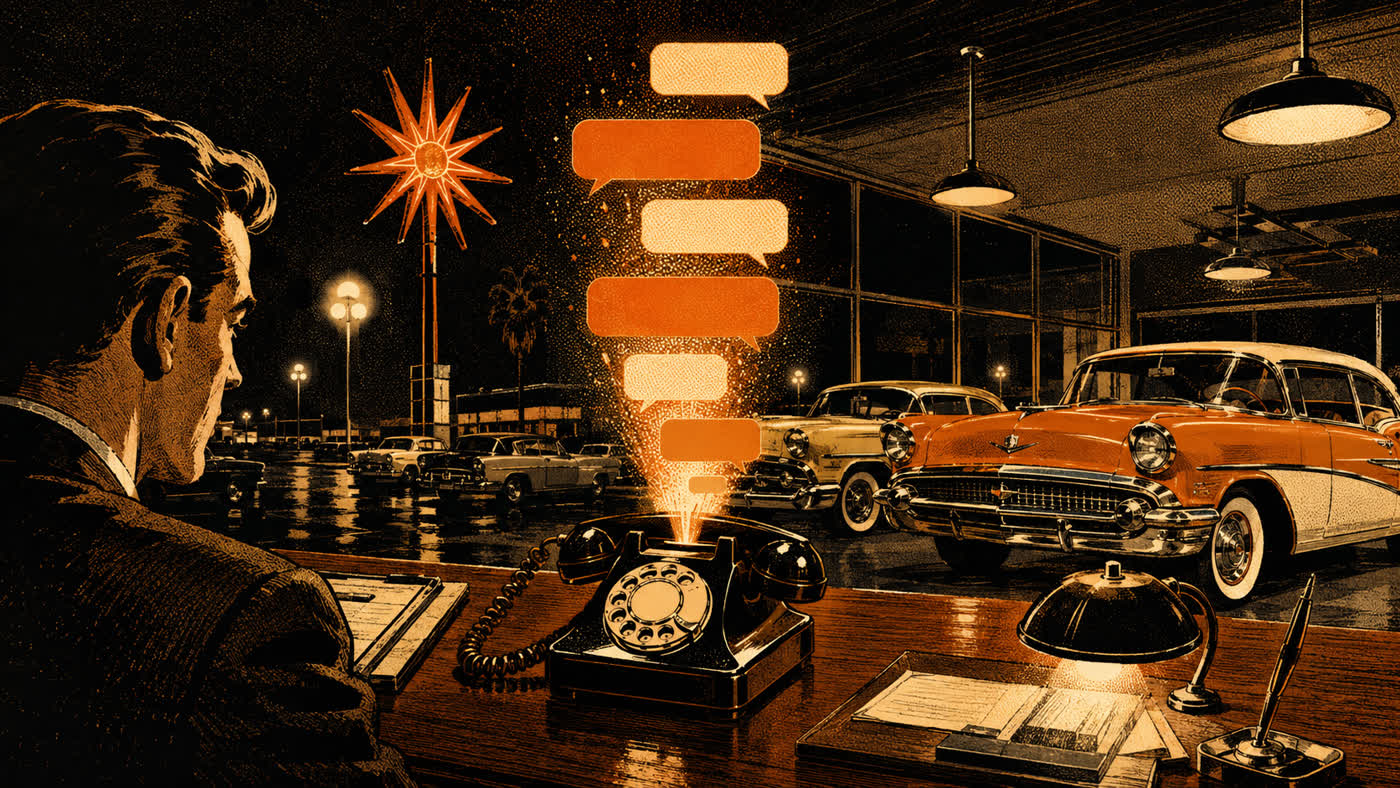AI answering service for car dealerships following up vehicle-interest texts at night, retro noir dealership illustration