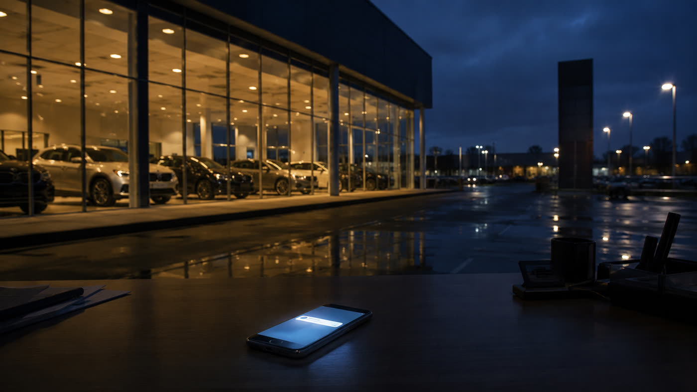 Automotive answering service texting back a car dealership internet lead after hours, dark showroom at night