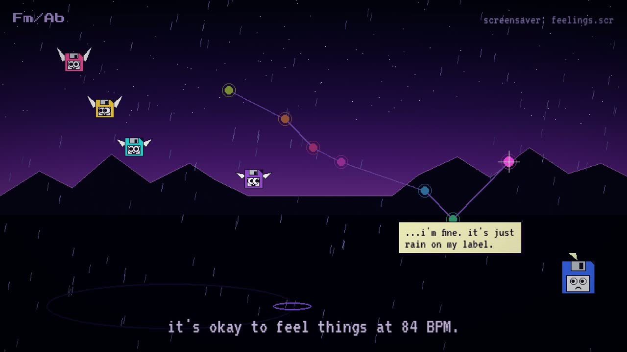The breakdown: a dark pixel-art screensaver with rain, small floating icons and the caption it's okay to feel things at 84 BPM