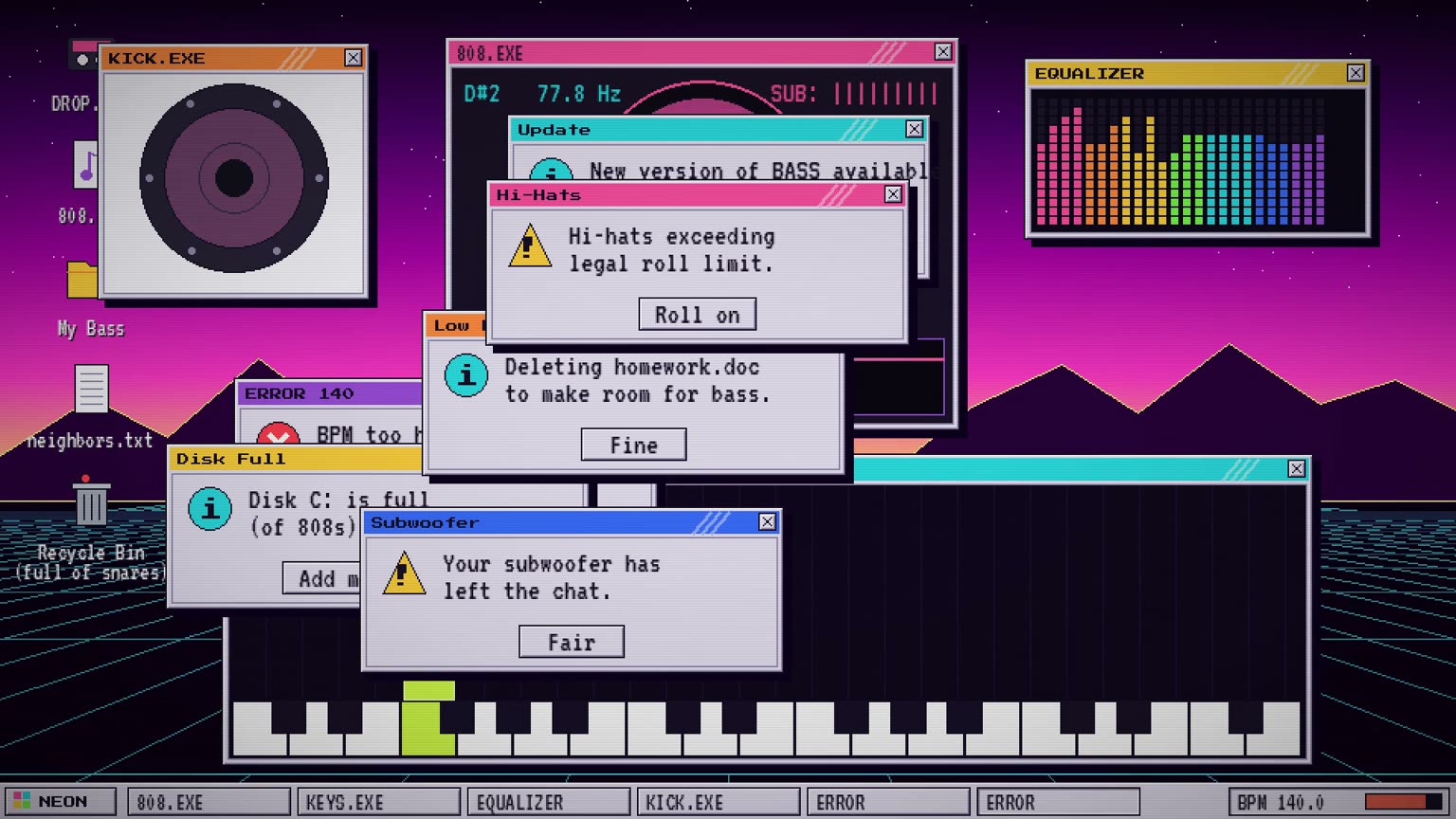 A pixel-art 1987 desktop buried in error popups during the drop: 808.EXE, an equalizer, a disk-full warning and a subwoofer that has left the chat
