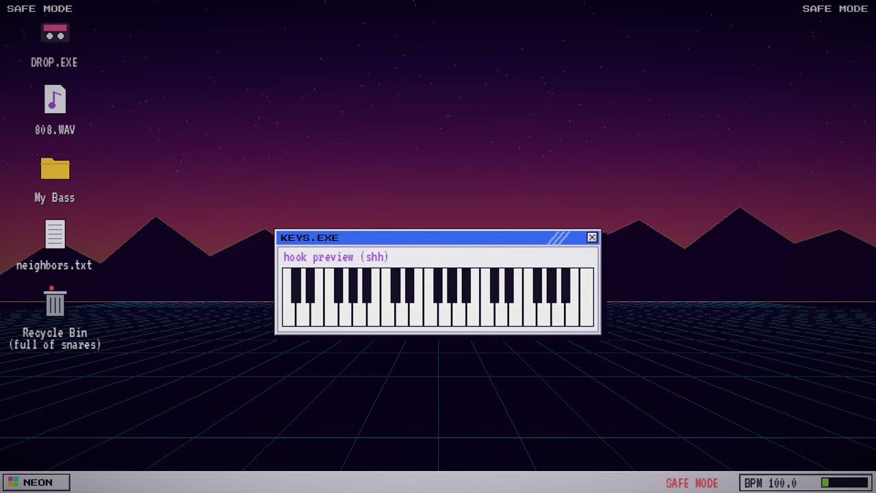 The end of the video: the desktop rebooted in Safe Mode with a single small KEYS.EXE window and a basic piano