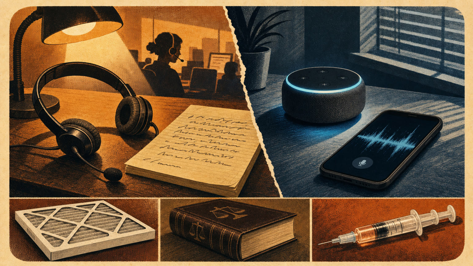 A call-center headset on a warm-lit desk beside a glowing speaker on a cool-lit desk, with a furnace filter, a law book, and a filler syringe along the bottom edge