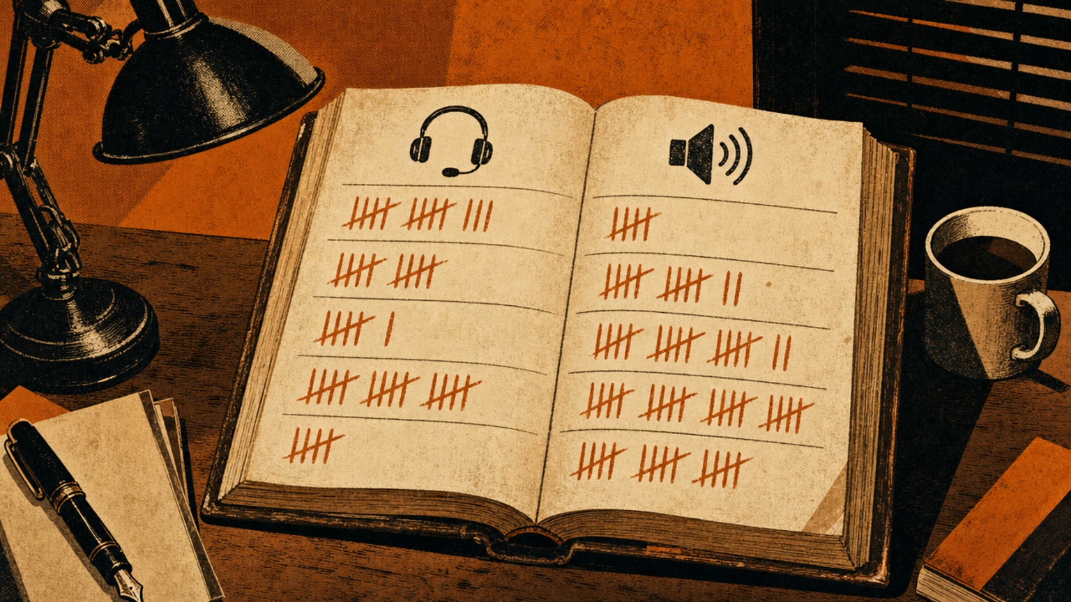 A wooden ledger split into two columns under a headset icon and a speaker icon, with orange tally marks in different rows
