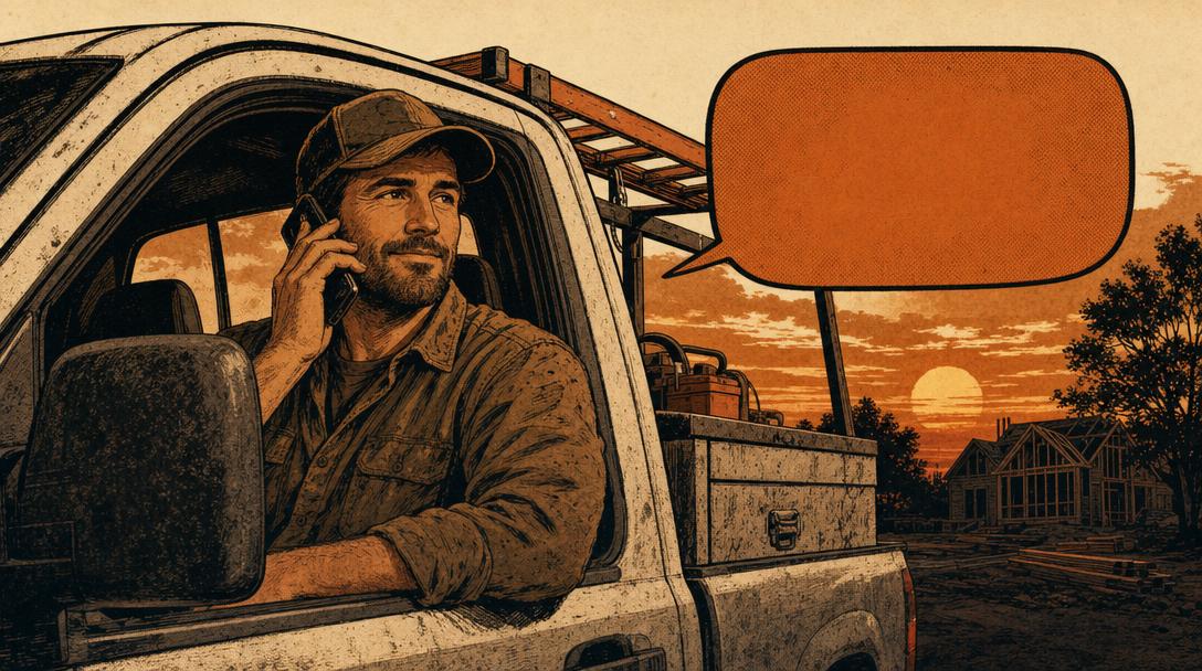 A contractor in a work truck at dusk answering a phone beside an empty orange speech bubble