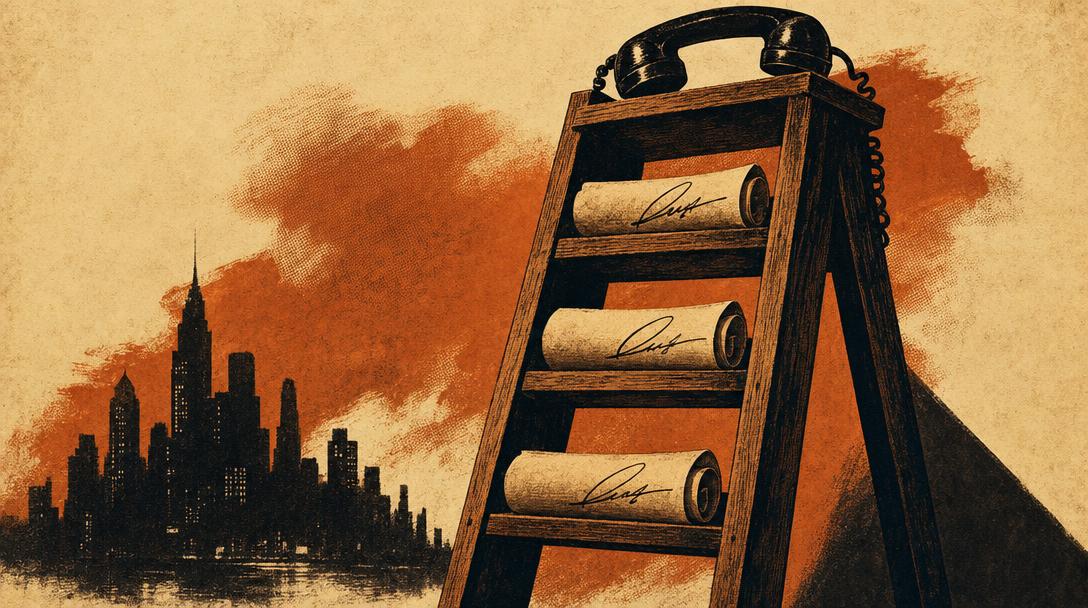 A tall wooden ladder with three rungs, each holding a signed scroll, and a telephone handset resting at the top