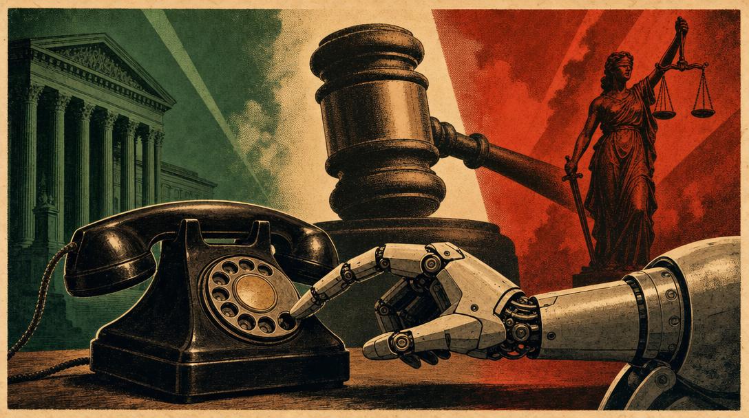 A robot arm dialing a vintage rotary telephone with a courthouse gavel looming behind it, lit green on one side and red on the other