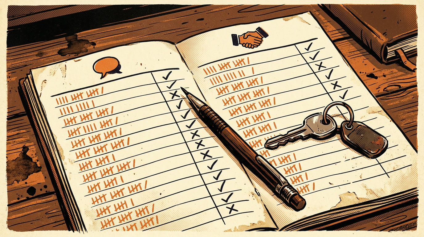 A ledger page split into two columns under a speech-bubble icon and a handshake icon, with orange tally marks and a car key across it