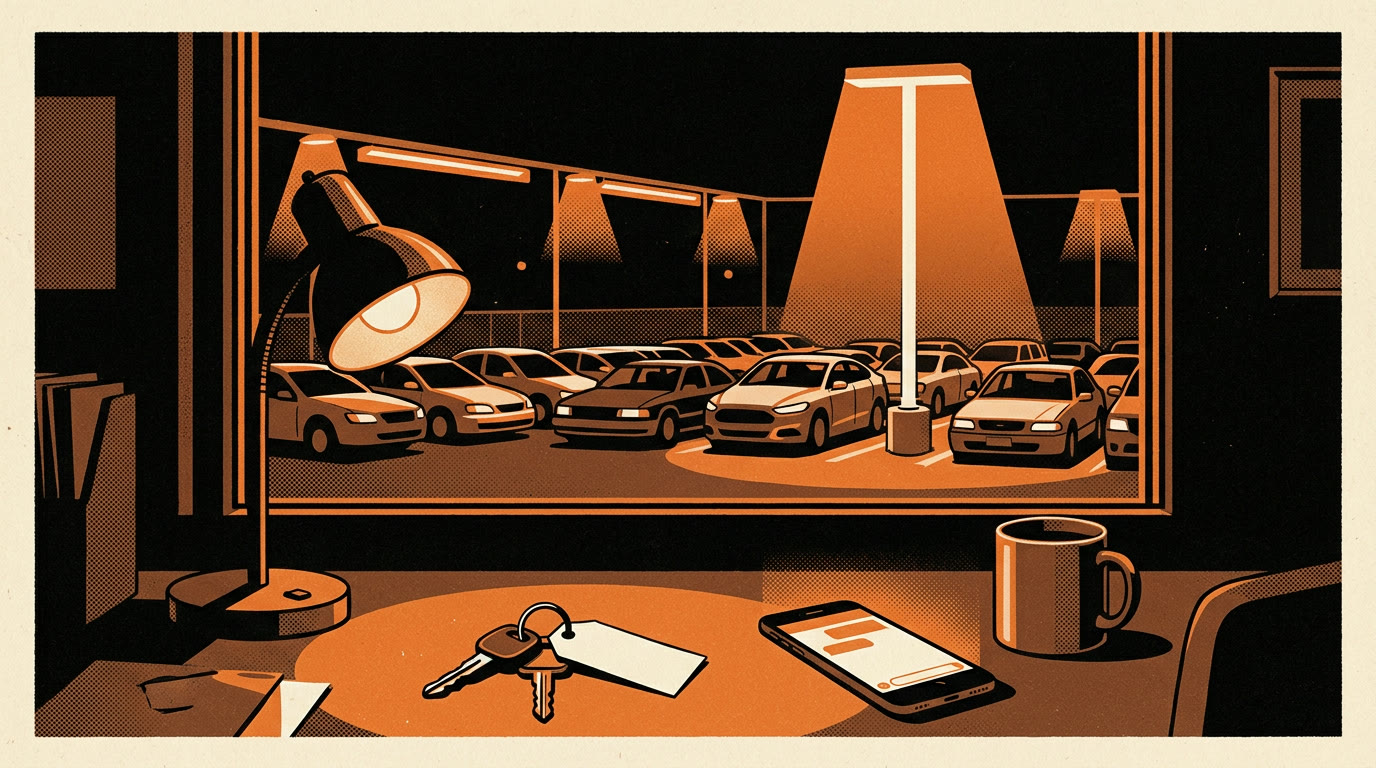 A dark dealership sales office at night, with car keys on a paper tag and a phone lit up with a text thread beside a window onto the lot