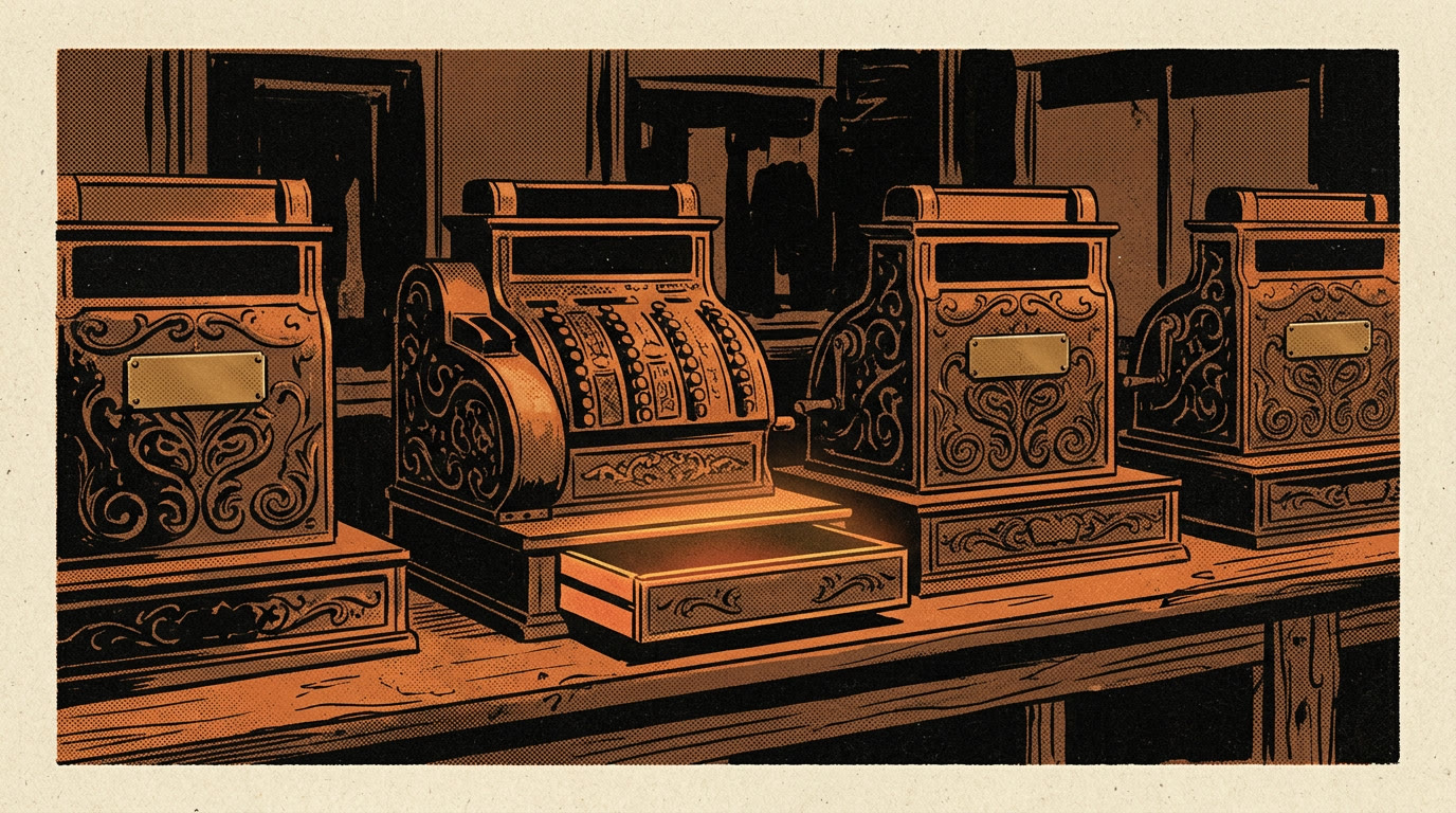 Four vintage cash registers in a row on a wooden counter, each labeled with a different brass tag: per minute, per call, flat monthly, and payroll