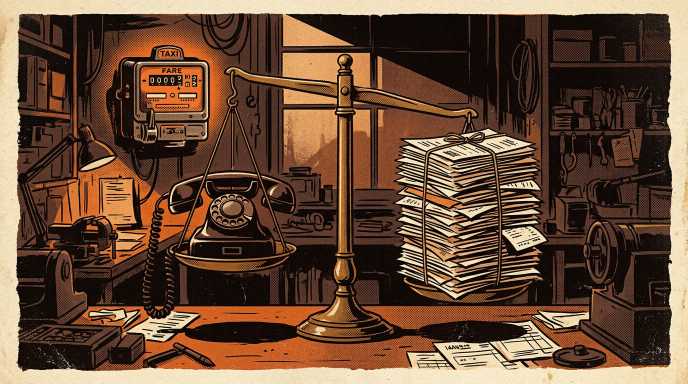 A vintage rotary telephone sitting on a brass scale, weighed against a stack of paper invoices, a taxi-style fare meter glowing orange in the background
