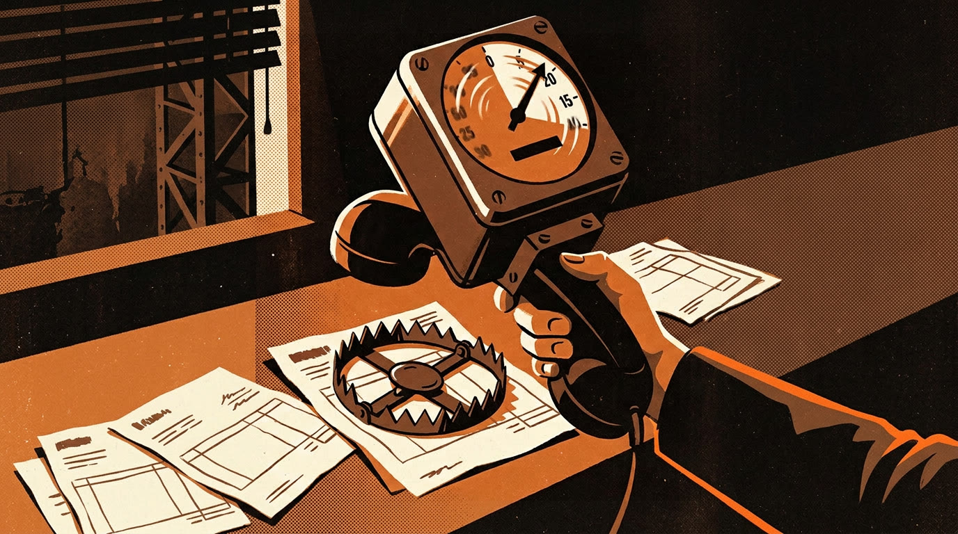 An old-fashioned taxi fare meter mounted on a telephone handset, its numbers spinning upward while a small bear trap sits open beneath it on a paper invoice