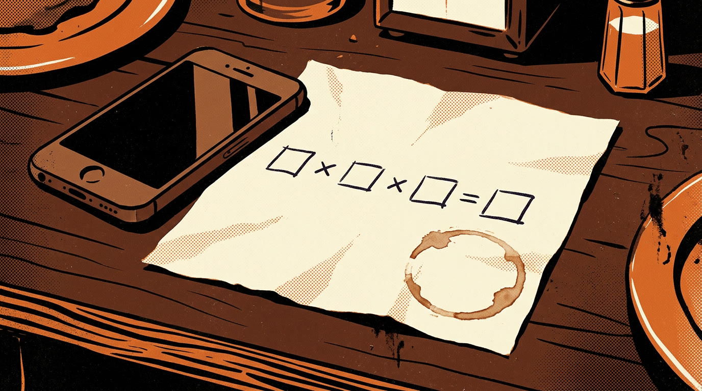 A paper napkin on a diner counter with a missed-call formula written in pen, a coffee ring on one corner and a phone face-down beside it