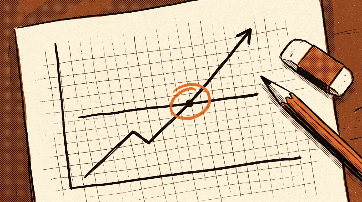 A hand-drawn line chart on graph paper showing a cost line crossed by a rising recovered-revenue line, with the crossing point circled in orange