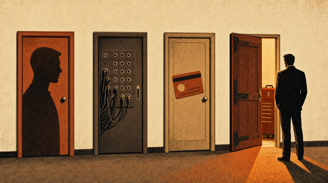 Four doors on a cream wall: a person, a switchboard, a subscription card, and an owned toolbox with orange light spilling from the fourth