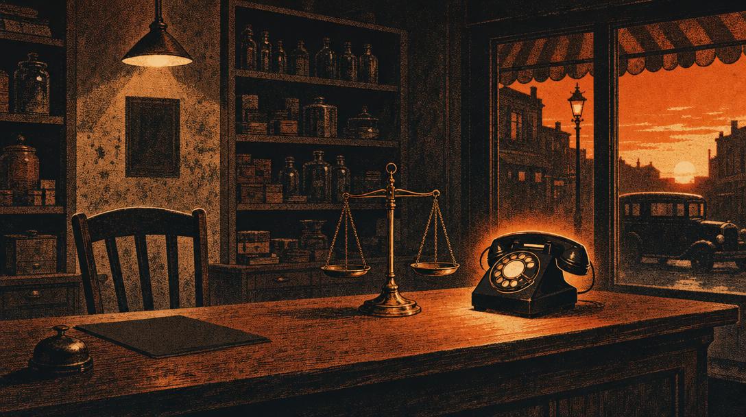 A shop front desk at 6pm with an empty chair on one side, a glowing telephone on the other, and a balance scale between them