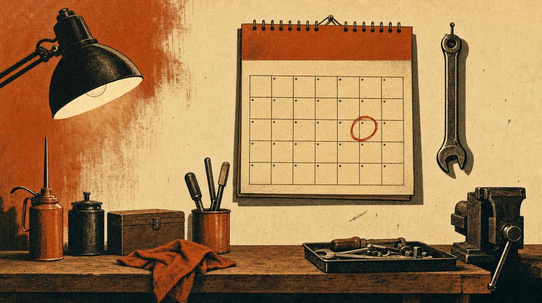 A wall calendar with one circled day and a wrench hanging beside it over a tidy workbench