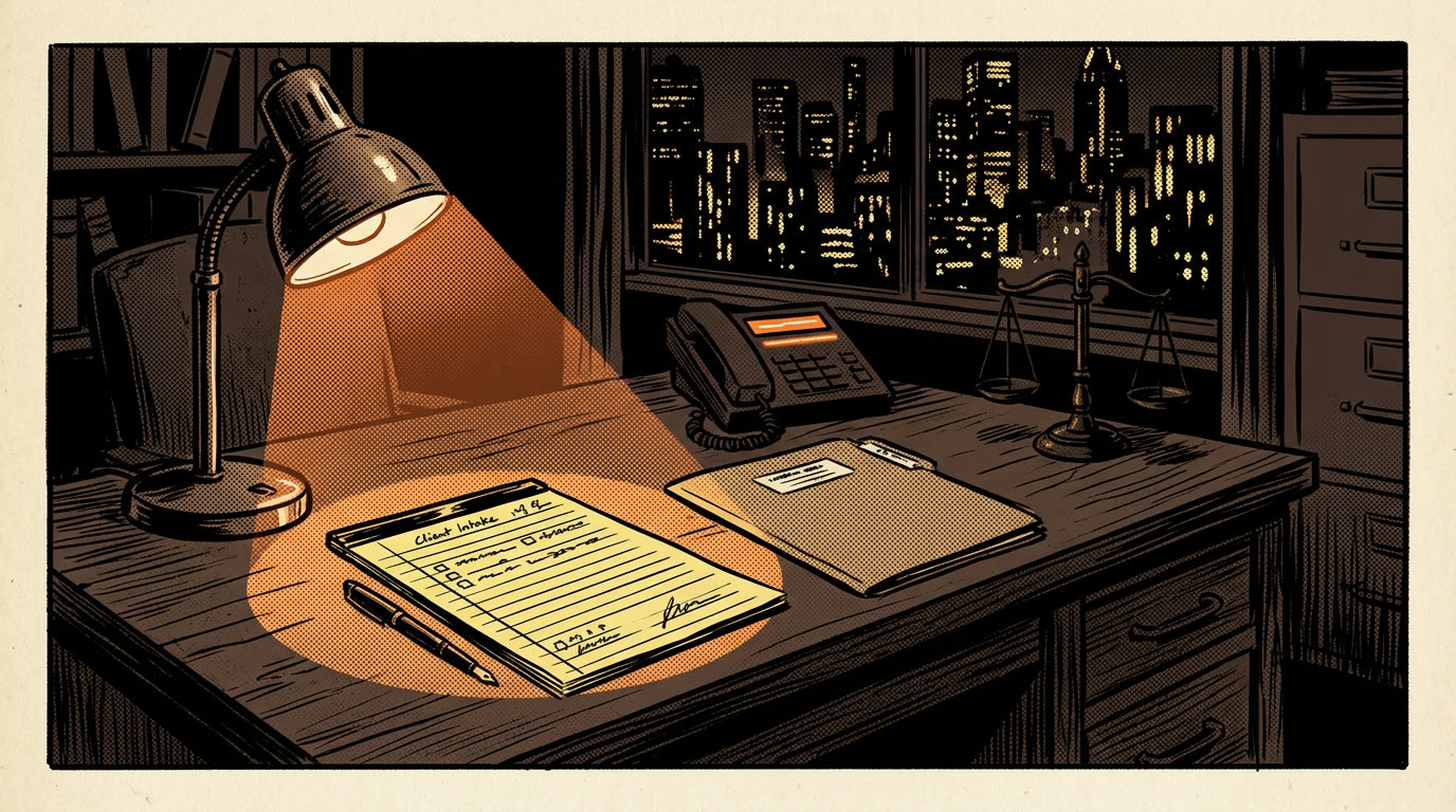 A law office desk at night with a client intake form on a yellow legal pad under an orange desk lamp, a desk phone with a lit line, a case file, and scales of justice
