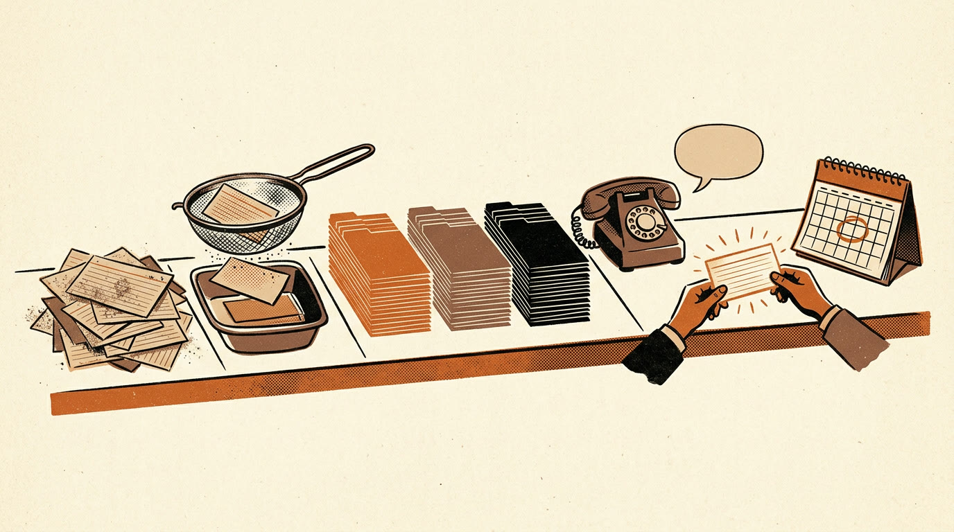 A workbench laid out like an assembly line from a pile of dusty index cards through a sieve, sorted stacks, a telephone, a hand-off, and a calendar with one date circled