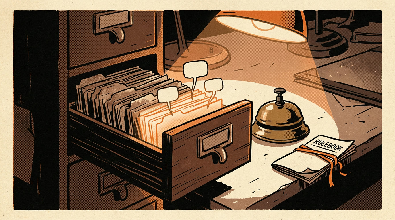 An open wooden card-file drawer with faded index cards, a few glowing orange with speech bubbles rising from them, beside a ribboned rulebook