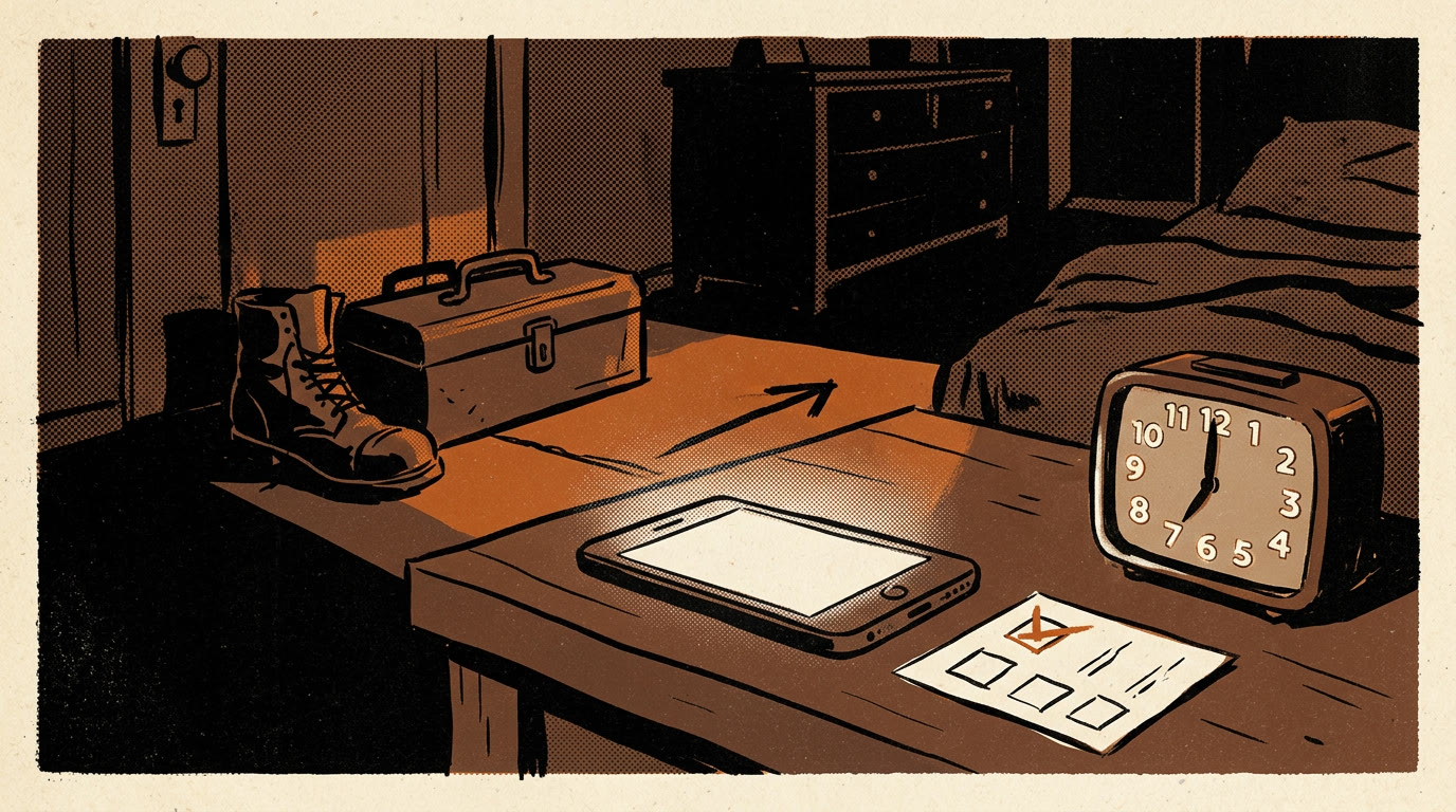 A phone lit up on a nightstand in a dark bedroom, a small paper card beside it with one box ticked, and an arrow pointing toward a work boot and toolbox