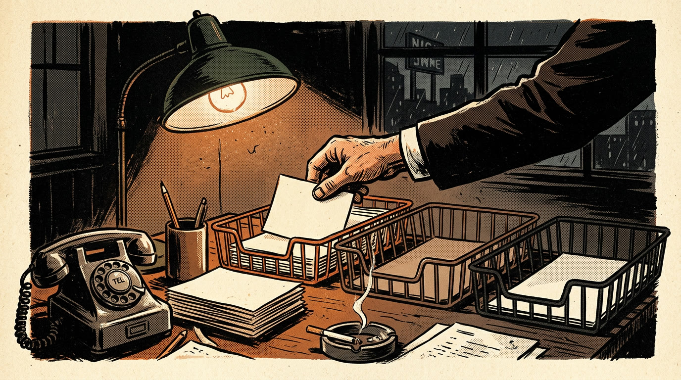 A dispatcher's desk at night under a single lamp, a hand sorting paper call slips into three wire trays beside an old rotary telephone