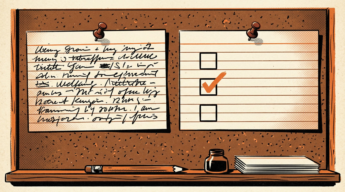 Two index cards pinned side by side on a corkboard: the left card is covered in long scribbled handwriting, the right card holds three checkboxes with one ticked in orange
